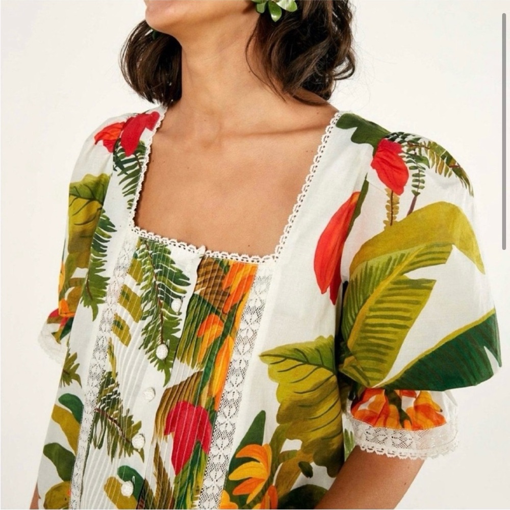 FARM RIO Cocoa Forest Puff-Sleeve Blouse - Excellent Used Condition, Large - Picture 2 of 16